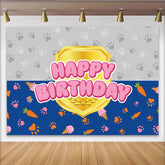 Lofaris Rosa Happy Birthday Pfoten-Geburtstagshintergrund mit goldenem Schild und Eis, grau-blau für Tierparty Dekoration und Fotoshooting