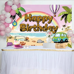 Lofaris Bunter Happy Birthday Strand-Hintergrund mit Cartoon-Tieren, verspielte Kulisse für Kinder-Fotoshootings und Party-Deko