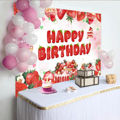 Lofaris Süßer Erdbeer-Geburtstagshintergrund mit Happy Birthday Schriftzug, bezaubernde Fotowand für Mädchen Party und Fotoshootings