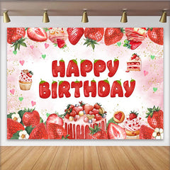 Lofaris Süßer Erdbeer-Geburtstagshintergrund mit Happy Birthday Schriftzug, bezaubernde Fotowand für Mädchen Party und Fotoshootings