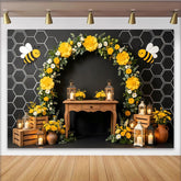 Lofaris Süßer Bienen-Geburtstagshintergrund mit gelben Blumen und Wabenmuster für Kinderparty, rustikale Fotokulisse für festliche Dekoration