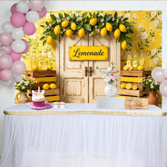 Lofaris Gelber Limonadenstand-Fotohintergrund mit Zitronen und Blumen, charmante Sommerkulisse für Partydekoration und Fotoshooting