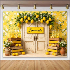 Lofaris Gelber Limonadenstand-Fotohintergrund mit Zitronen und Blumen, charmante Sommerkulisse für Partydekoration und Fotoshooting