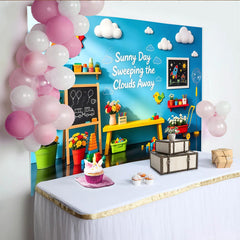 Lofaris Fröhlicher Kinderzimmer-Hintergrund mit Sonne Wolken und bunten Spielsachen, Kinderfotografie und Spielbereich Dekoration