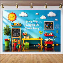 Lofaris Fröhlicher Kinderzimmer-Hintergrund mit Sonne Wolken und bunten Spielsachen, Kinderfotografie und Spielbereich Dekoration