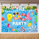 Lofaris Lebhafter Poolparty Fotohintergrund mit bunten Schwimmreifen und tropischen Blättern, fröhliche Sommer Kulisse für Feste