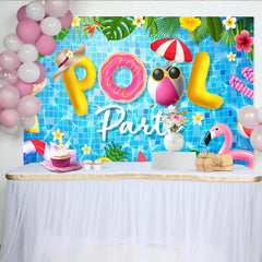 Lofaris Farbenfroher Poolpartyhintergrund mit Luftmatratzen und tropischen Blumen, sommerlicher Fotohintergrund für Fotoshooting