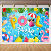 Lofaris Farbenfroher Poolpartyhintergrund mit Luftmatratzen und tropischen Blumen, sommerlicher Fotohintergrund für Fotoshooting