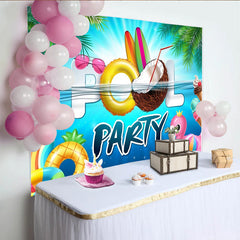 Lofaris Sommerlicher Poolparty-Hintergrund mit Surfbrettern und Flamingos, lebendige Fotokulisse für Sommerfeste und Strandpartys