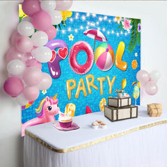 Lofaris Bunter Poolparty Hintergrund mit tropischen Blumen und Lichtern, ideale Fotokulisse für Sommerfeste und fröhliche Events