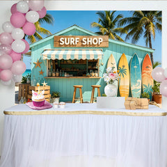Lofaris Türkiser Surfstrand Fotohintergrund mit Palmen und Surfbrettern, sommerliche Kulisse für Strandparty und Fotostudio