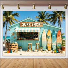Lofaris Türkiser Surfstrand Fotohintergrund mit Palmen und Surfbrettern, sommerliche Kulisse für Strandparty und Fotostudio