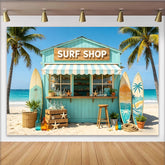 Lofaris Türkiser Surfshop Strand Hintergrund mit Palmen und Surfbrettern, perfekte Fotokulisse für sommerliche Urlaubsfotos und Strandpartys