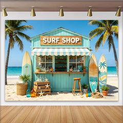 Lofaris Türkiser Surfshop Strand Hintergrund mit Palmen und Surfbrettern, perfekte Fotokulisse für sommerliche Urlaubsfotos und Strandpartys