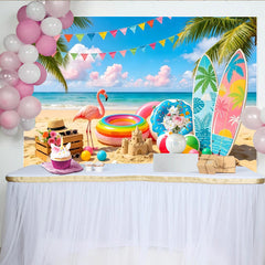 Lofaris Lebendiger Sommerstrand Fotohintergrund mit Palmen und Flamingo, bunte Kulisse für Urlaubsfotos und sommerliche Dekoration