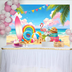Lofaris Bunter Sommerstrand Fotohintergrund mit Flamingo und Surfbrett, fröhliche Kulisse für Sommerparty Dekoration und Kinderfotoshooting
