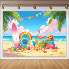 Lofaris Bunter Sommerstrand Fotohintergrund mit Flamingo und Surfbrett, fröhliche Kulisse für Sommerparty Dekoration und Kinderfotoshooting