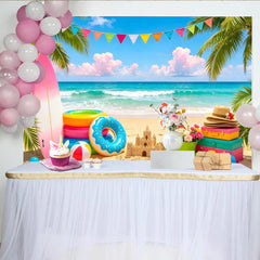 Lofaris Bunter Sommerstrand Fotohintergrund mit Palmen und Wimpelkette, tropische Strandparty-Kulisse für Fotoshootings