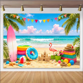 Lofaris Bunter Sommerstrand Fotohintergrund mit Palmen und Wimpelkette, tropische Strandparty-Kulisse für Fotoshootings