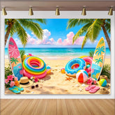 Lofaris Farbenfroher Tropenstrandfotohintergrund mit Palmen und Surfbrettern, lebendige Kulisse für Urlaubsfotoshootings und Sommerpartys