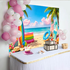 Lofaris Lebhafter Sommerstrand Fotohintergrund mit bunten Surfbrettern, tropische Kulisse für Urlaubsfotos und sommerliche Partys