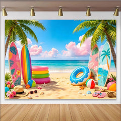 Lofaris Lebhafter Sommerstrand Fotohintergrund mit bunten Surfbrettern, tropische Kulisse für Urlaubsfotos und sommerliche Partys
