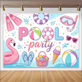 Lofaris Bunter Poolparty Hintergrund mit Flamingo und Strandbällen, fröhliche Fotokulisse für Sommerfeste und Kinderpartys