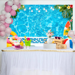 Lofaris Blauer Sommerpool-Fotohintergrund mit tropischen Blättern, perfekte Kulisse für Strandparty und Urlaubsfotoshooting