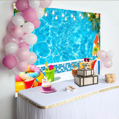 Lofaris Blauer Sommerpool-Fotohintergrund mit tropischen Blättern, perfekte Kulisse für Strandparty und Urlaubsfotoshooting
