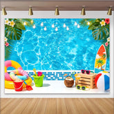 Lofaris Blauer Sommerpool-Fotohintergrund mit tropischen Blättern, perfekte Kulisse für Strandparty und Urlaubsfotoshooting