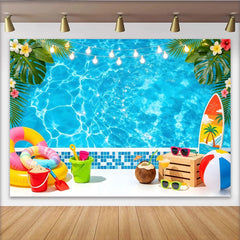 Lofaris Blauer Sommerpool-Fotohintergrund mit tropischen Blättern, perfekte Kulisse für Strandparty und Urlaubsfotoshooting