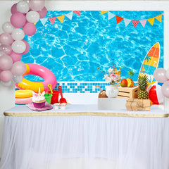 Lofaris Lebendiger Sommerpool-Fotohintergrund mit bunten Wimpeln und Schwimmring, Kulisse für tropische Sommerpartys und Urlaubsfotoshootings