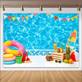 Lofaris Lebendiger Sommerpool-Fotohintergrund mit bunten Wimpeln und Schwimmring, Kulisse für tropische Sommerpartys und Urlaubsfotoshootings