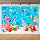 Lofaris Blauer Pool Sommerfotohintergrund mit Flamingo und Strandbällen, tropische Kulisse für Urlaubsfotos und Stranddekoration