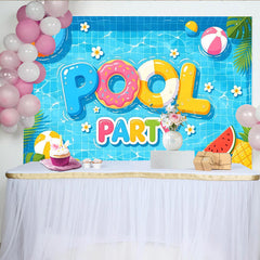 Lofaris Bunter Sommer Poolparty-Hintergrund mit Schwimmringen und Bällen, fröhliche Fotowand für Sommerfeste und Kinderpartys