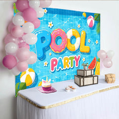 Lofaris Bunter Sommer Poolparty-Hintergrund mit Schwimmringen und Bällen, fröhliche Fotowand für Sommerfeste und Kinderpartys