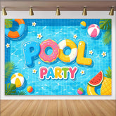Lofaris Bunter Sommer Poolparty-Hintergrund mit Schwimmringen und Bällen, fröhliche Fotowand für Sommerfeste und Kinderpartys