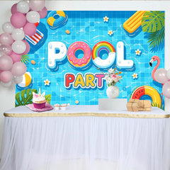 Lofaris Lebendiger Poolparty-Hintergrund mit Schwimmringen und Flamingo, fröhliche Kulisse für Sommerpartys und unvergessliche Fotos