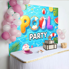 Lofaris Fröhlicher Poolparty-Hintergrund mit bunten Schwimmreifen und Bällen, ideale Sommerdekoration und Fotokulisse für jede Feier