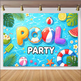 Lofaris Fröhlicher Poolparty-Hintergrund mit bunten Schwimmreifen und Bällen, ideale Sommerdekoration und Fotokulisse für jede Feier