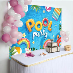 Lofaris Bunter Poolparty-Hintergrund mit aufblasbaren Buchstaben, fröhliche Fotowand für Sommerpartys und Fotoshootings