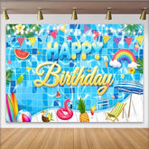 Lofaris Happy Birthday Poolparty-Hintergrund mit blauem Wasser-Design, bunte Fotowand mit Regenbogen und Flamingo für Fotos