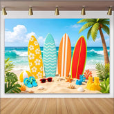 Lofaris Lebendiger Sommerstrand Fotohintergrund mit bunten Surfbrettern, perfekte Kulisse für Urlaubsfotos und sommerliche Partys