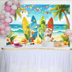 Lofaris Lebhafter Sommerstrand Fotohintergrund mit Surfbrettern und Palmen, festliche Kulisse für Urlaub und Partyfotos