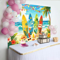 Lofaris Lebhafter Sommerstrand Fotohintergrund mit Surfbrettern und Palmen, festliche Kulisse für Urlaub und Partyfotos