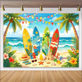 Lofaris Lebhafter Sommerstrand Fotohintergrund mit Surfbrettern und Palmen, festliche Kulisse für Urlaub und Partyfotos