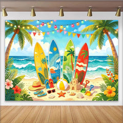 Lofaris Lebhafter Sommerstrand Fotohintergrund mit Surfbrettern und Palmen, festliche Kulisse für Urlaub und Partyfotos
