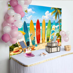 Lofaris Lebendiger Surfstrand-Fotohintergrund mit bunten Surfbrettern Palmen und Ozeanwellen, tropische Kulisse für sommerliche Fotoshootings