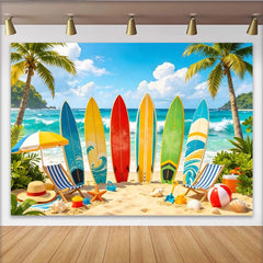 Lofaris Lebendiger Surfstrand-Fotohintergrund mit bunten Surfbrettern Palmen und Ozeanwellen, tropische Kulisse für sommerliche Fotoshootings