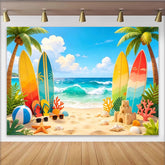 Lofaris Sommerstrand Fotohintergrund mit Palmen und Surfbrettern, lebendige Kulisse für Urlaubsfotos und Strandpartys